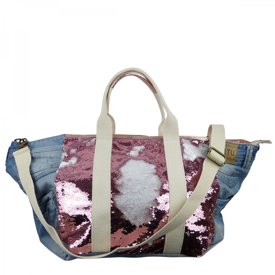 ITAL. LARGE SHOPPER JEANS BAG WITH PAIRED AND LEATHER MIX SHJ 309